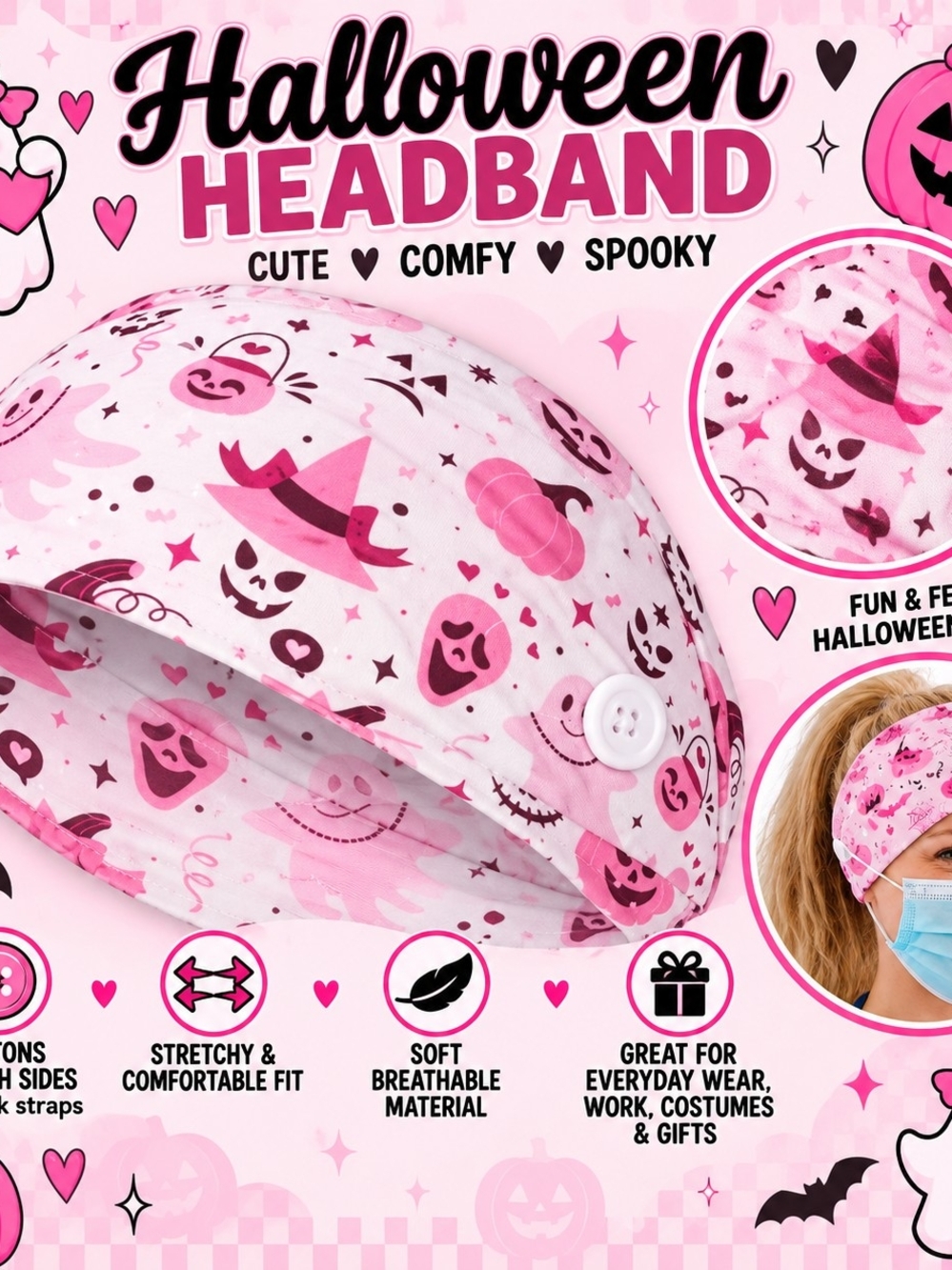 Pink Halloween Pink Headband with Button Ear Saver!!
